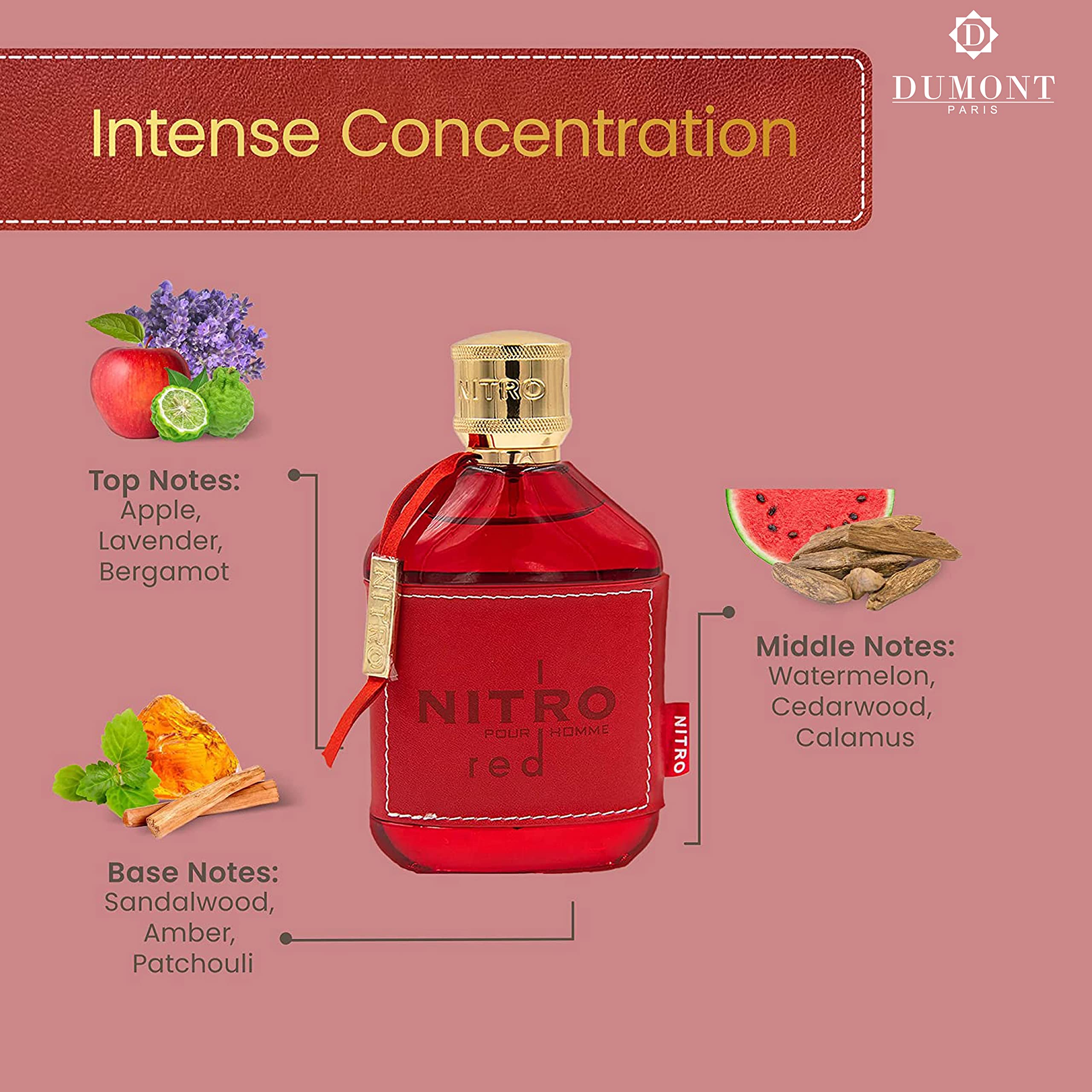 Dumont Nitro Red bottle reflection on a vanity surface for premium allure.
