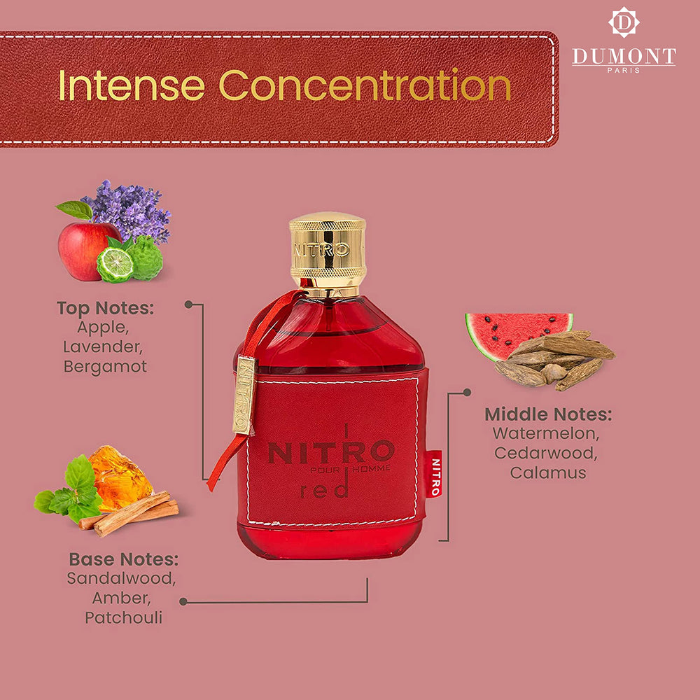 Dumont Nitro Red bottle reflection on a vanity surface for premium allure.