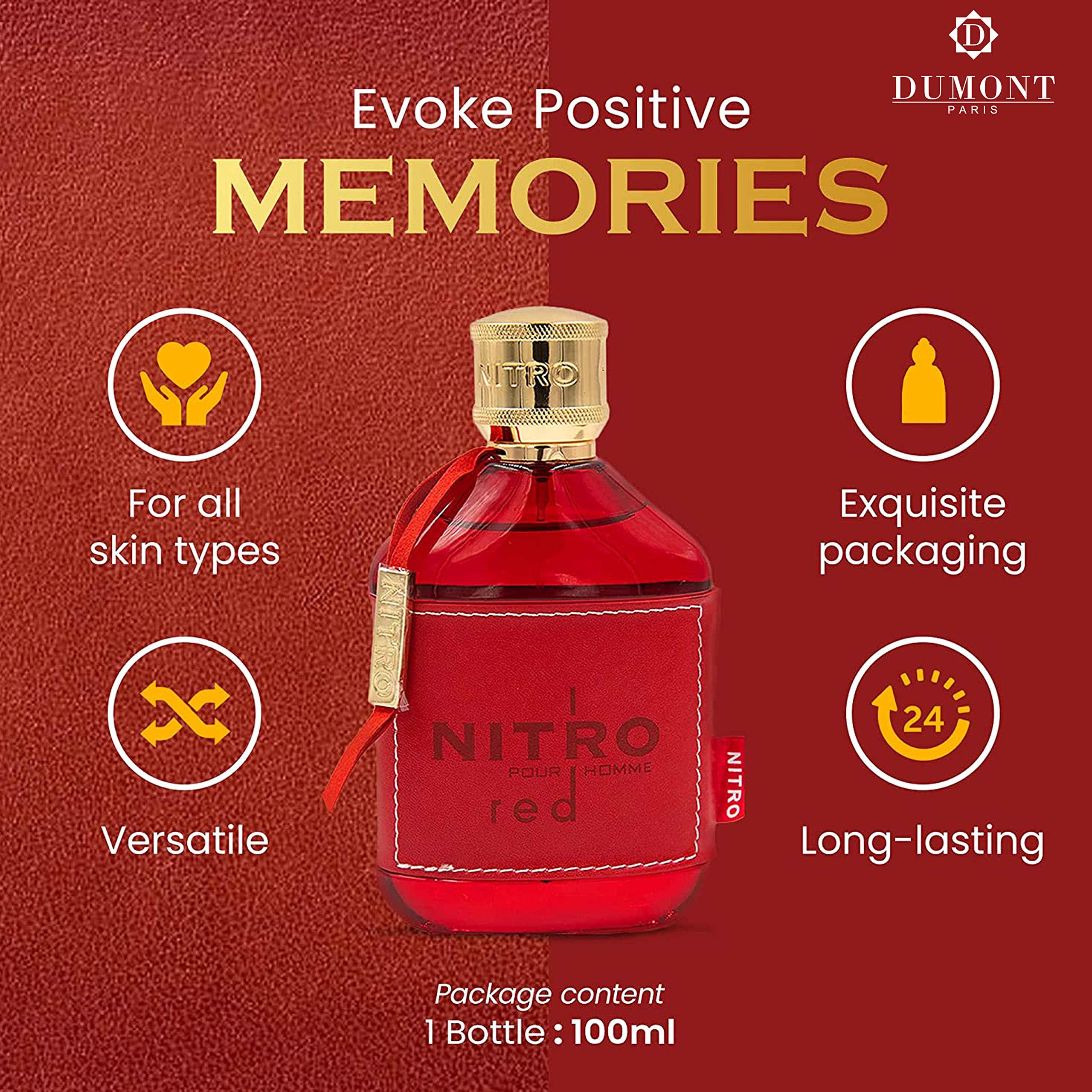 Dumont Nitro Red bottle tilted to reveal color and premium finish.