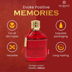 Dumont Nitro Red bottle tilted to reveal color and premium finish.