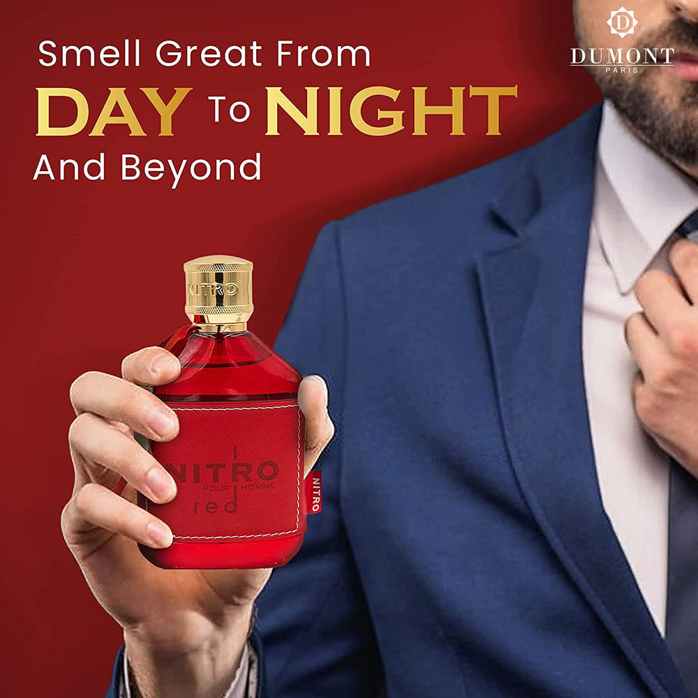 Close-up of Dumont Nitro Red label detail hints bergamot and lavender for sophistication.