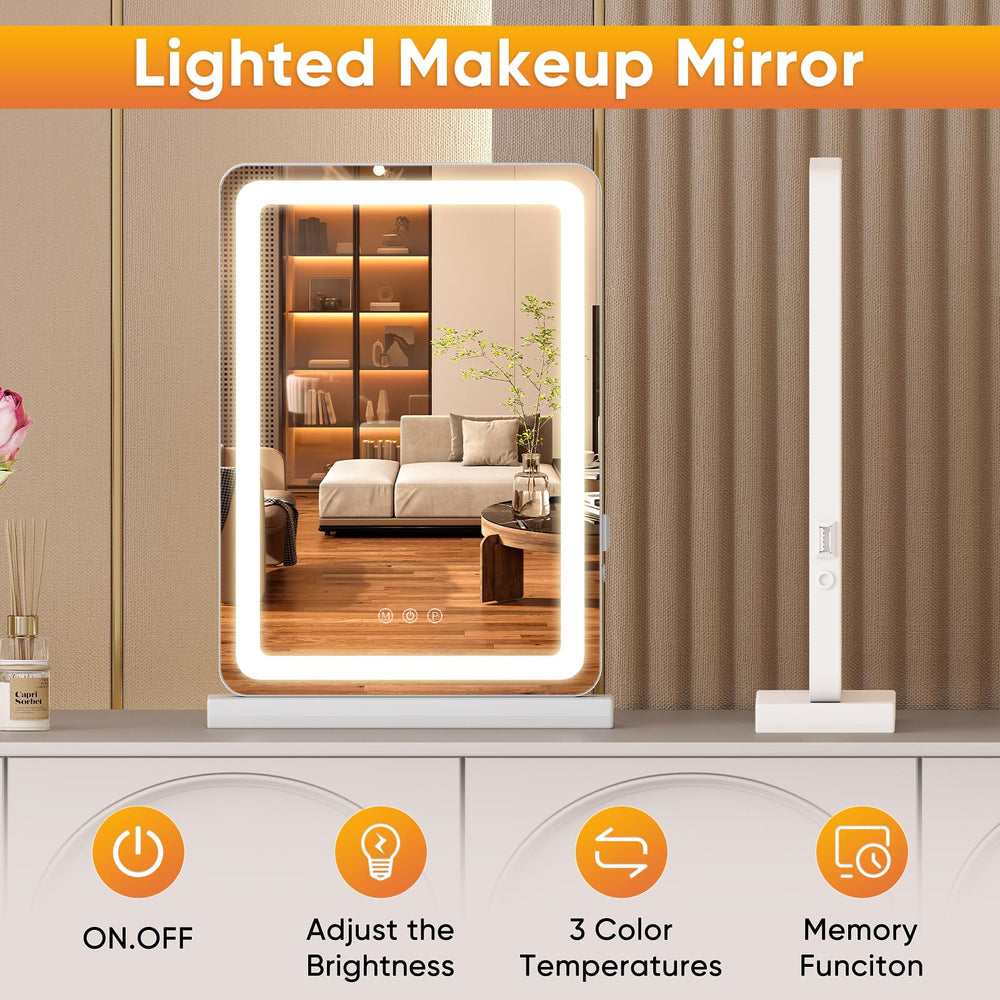 DUMOS vanity mirror showing three color lighting modes for accurate complexion