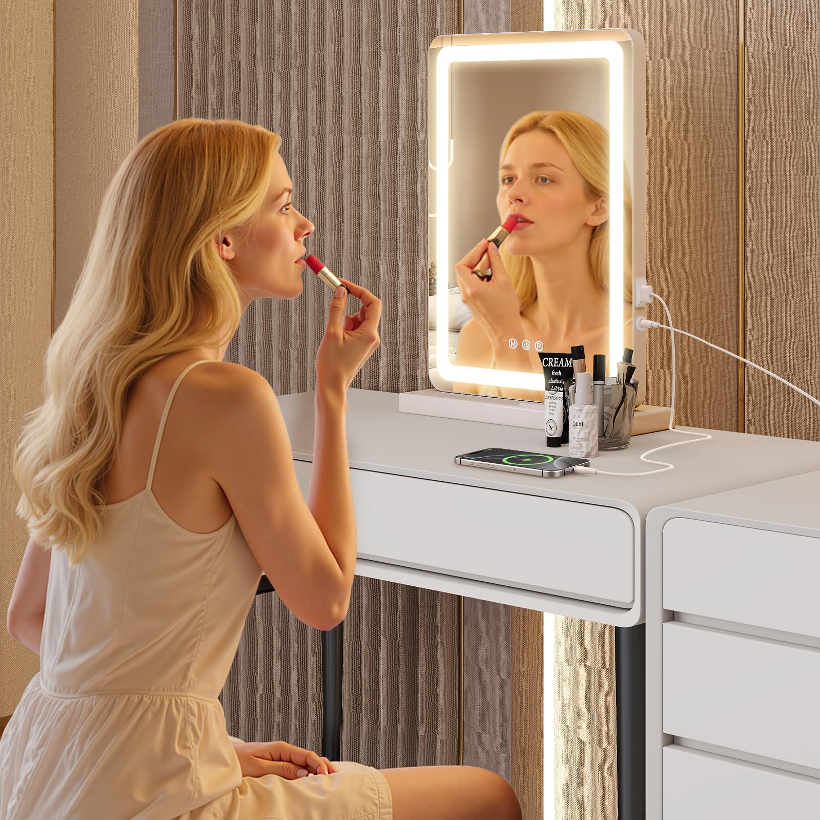 DUMOS vanity mirror brightness control with 0–100% dimming