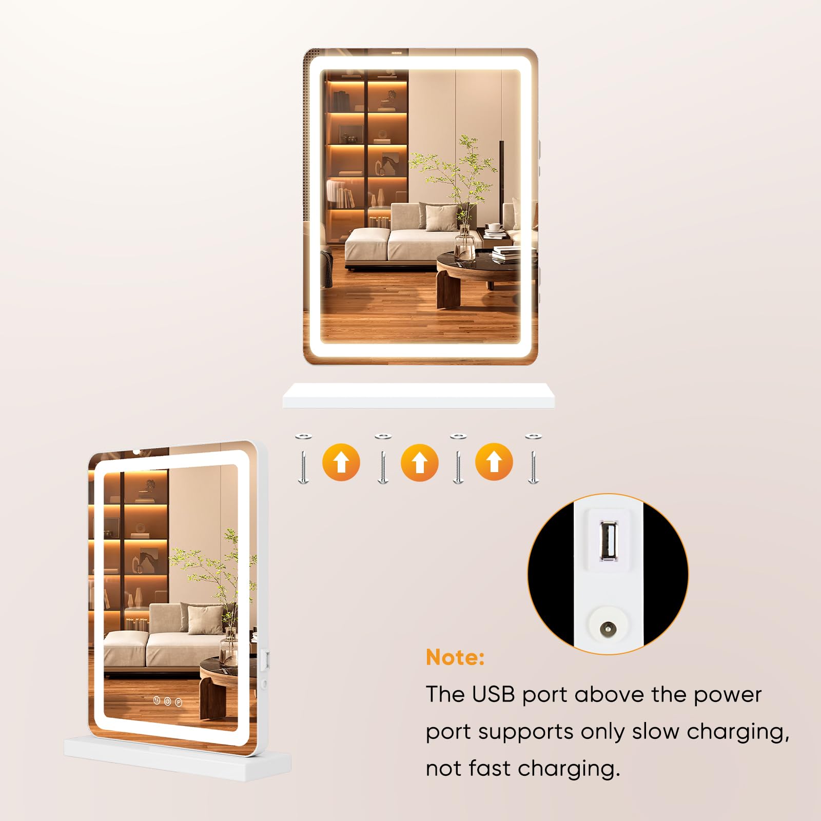 DUMOS vanity mirror placed on desk or dresser for versatile use