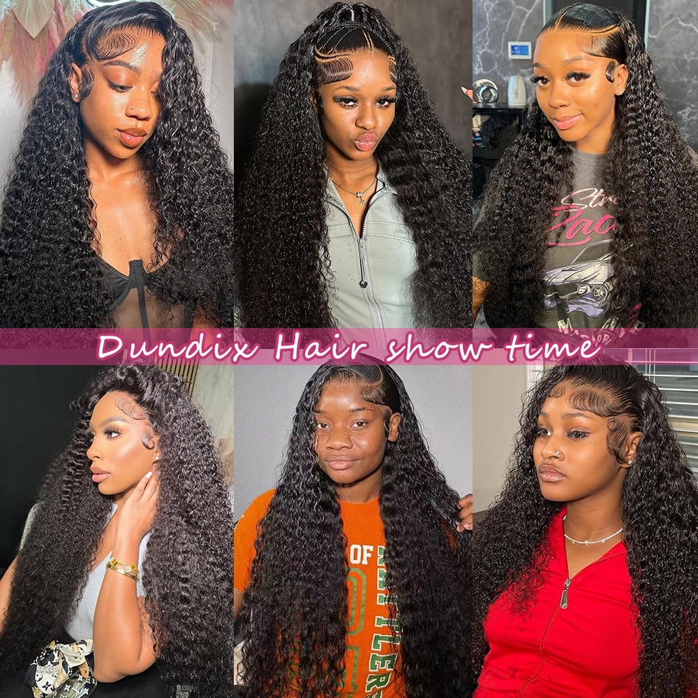 Dundix versatile deep-curly wig demonstrates middle, side parts and ponytail options.