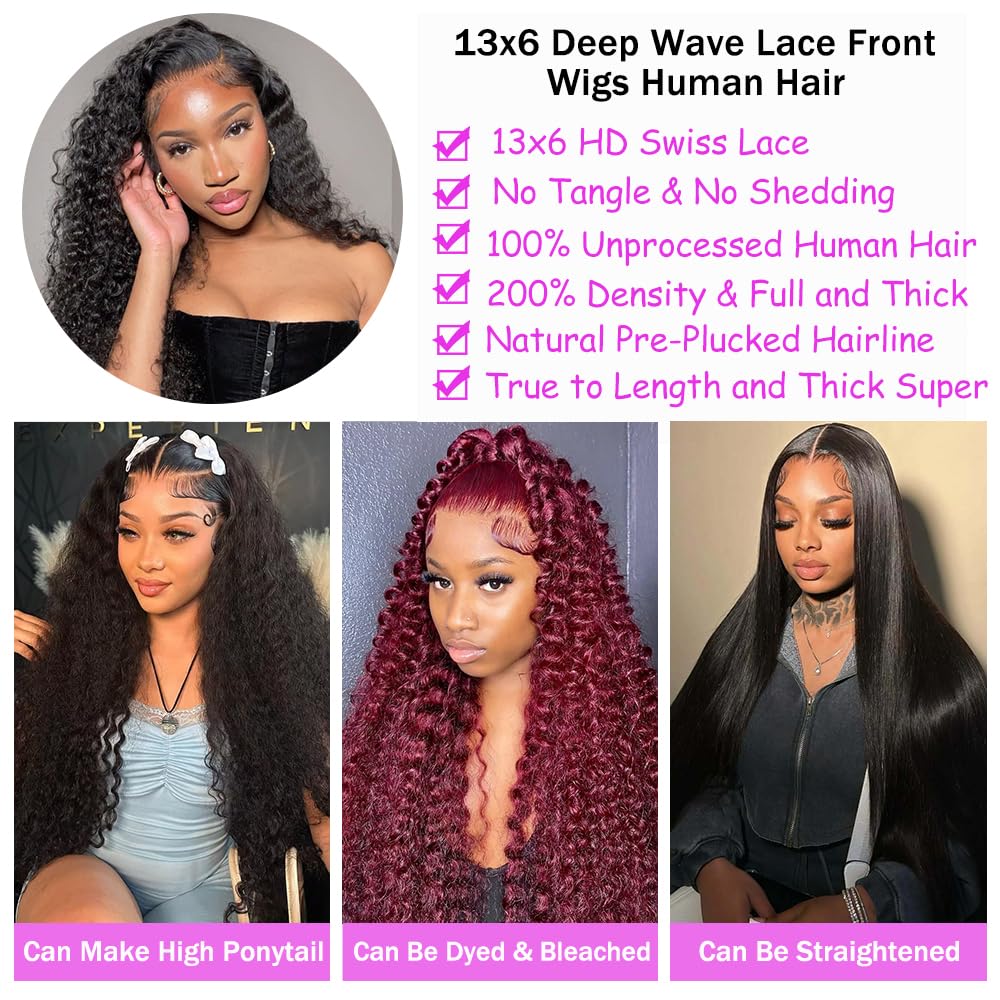 Dundix virgin human hair deep wave wig density 200 for full, voluminous look.