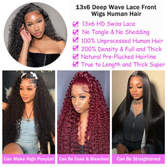 Dundix virgin human hair deep wave wig density 200 for full, voluminous look.