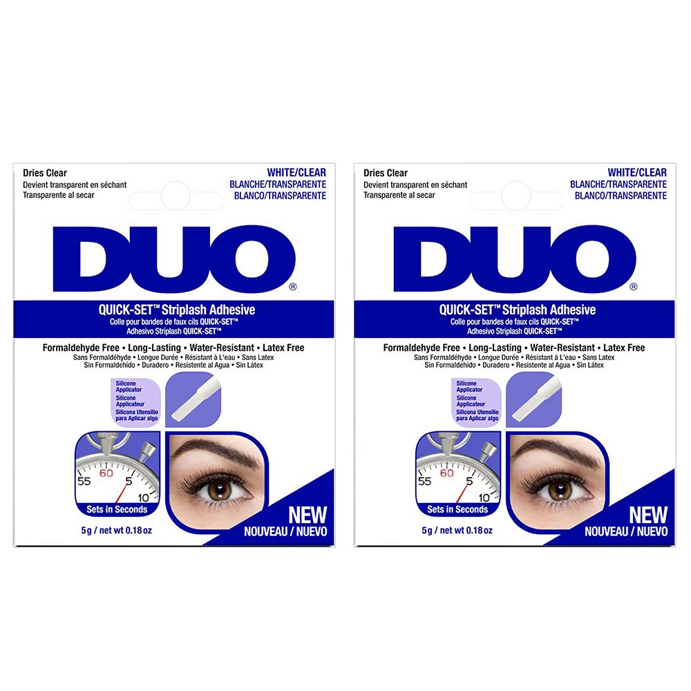 DUO lash glue bottle shows quick-set hold and all-day wear benefits