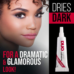 DUO adhesive in dark tone used while applying lashes for quick fixation.