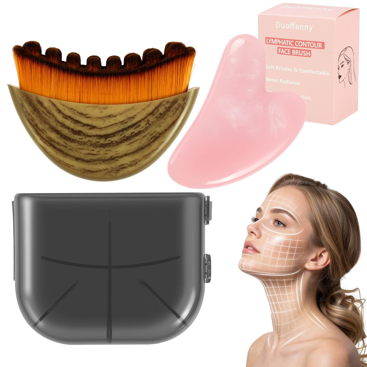 Duoffanny lymphatic contour brush close-up showing soft bristles for absorption