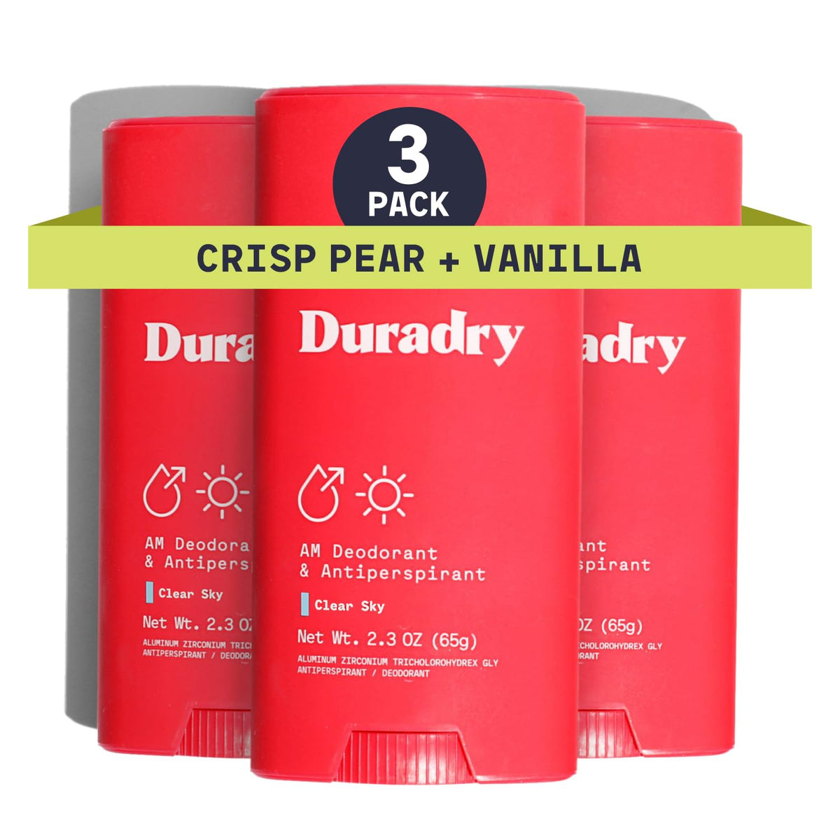 Duradry clinical-strength stick-application for quick-drying underarm protection.