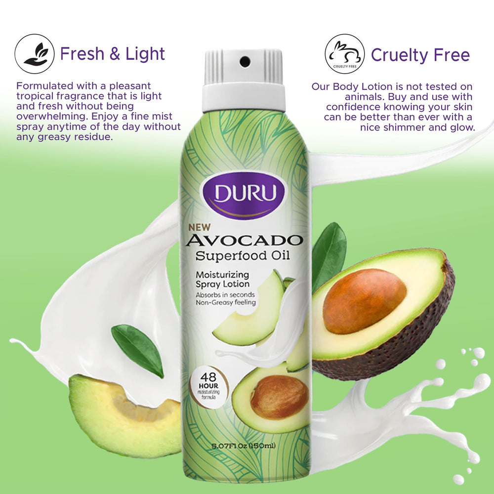 Duru avocado spray bottle demonstrates coconut-scented moisture for daily use.