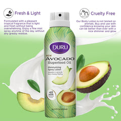 Duru avocado spray bottle demonstrates coconut-scented moisture for daily use.