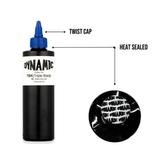 Dynamic Color Co Triple Black ink bottle swatches exhibiting deep black shade for bold fills