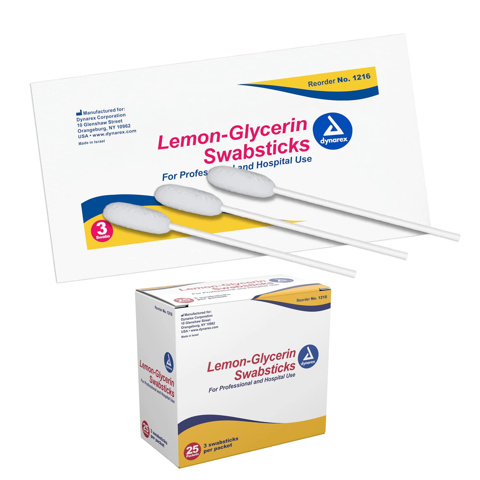 Dynarex Lemon-Glycerin Swabsticks box front showing a 75-count supply for dry mouth relief.