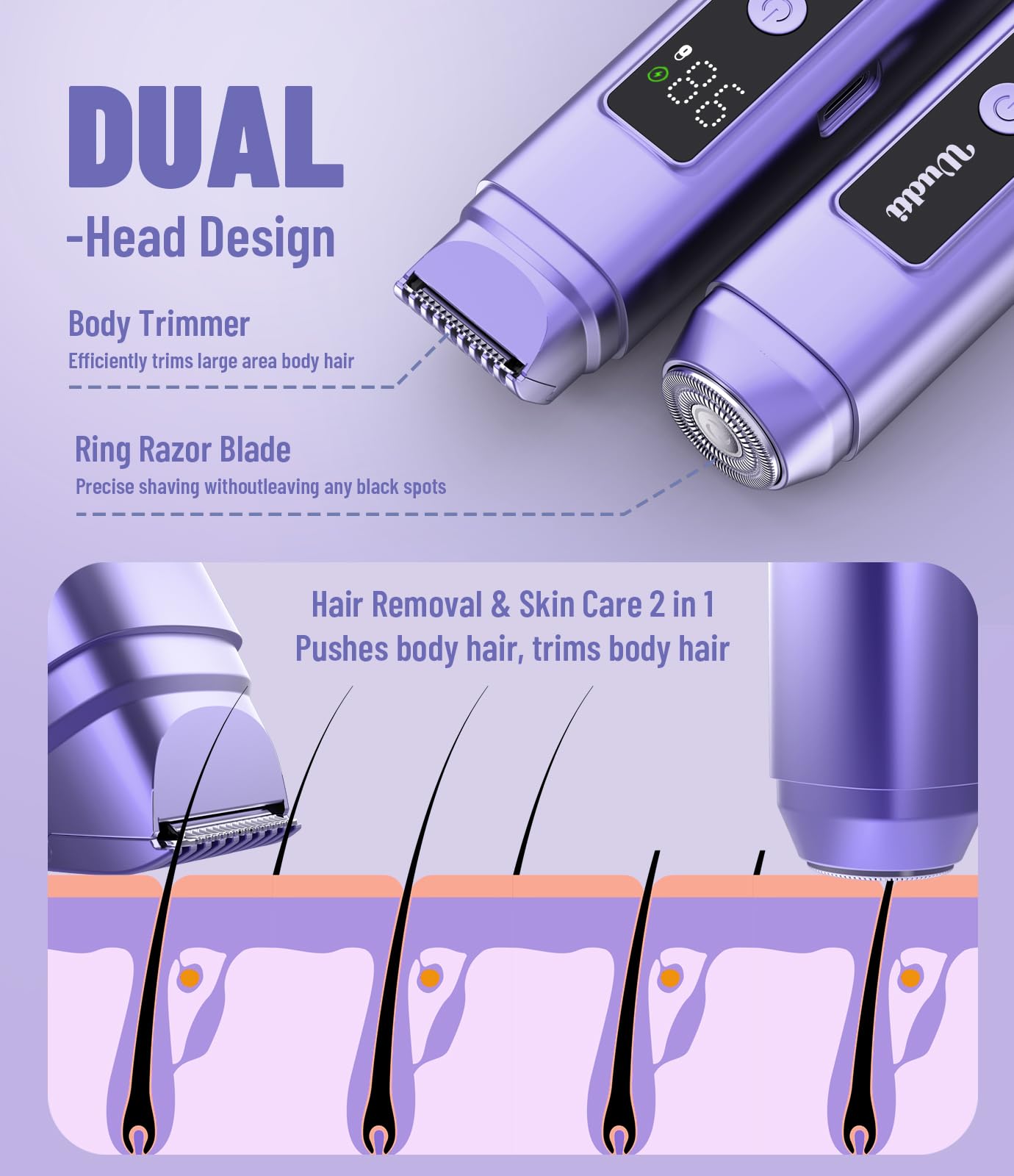 Dynooper bikini trimmer dual-head side view with ergonomic grip
