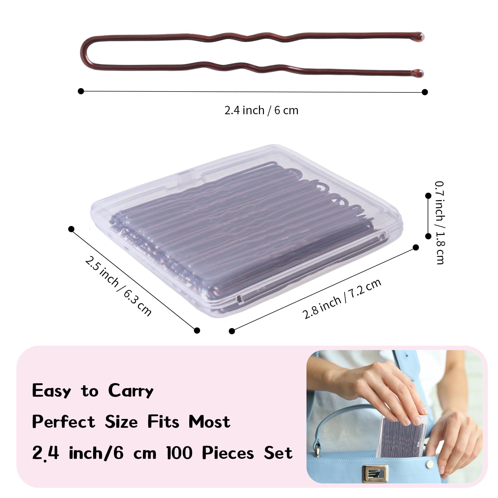 Dysalic brown U-shaped hair pin close-up showing smooth-coated ends for scalp comfort.