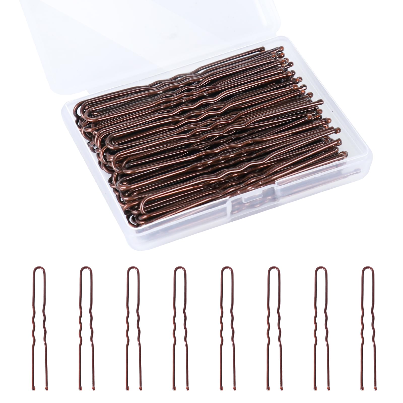 Dysalic U-shaped hair pins in brown in a compact storage box for easy organization.