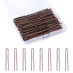 Dysalic U-shaped hair pins in brown in a compact storage box for easy organization.