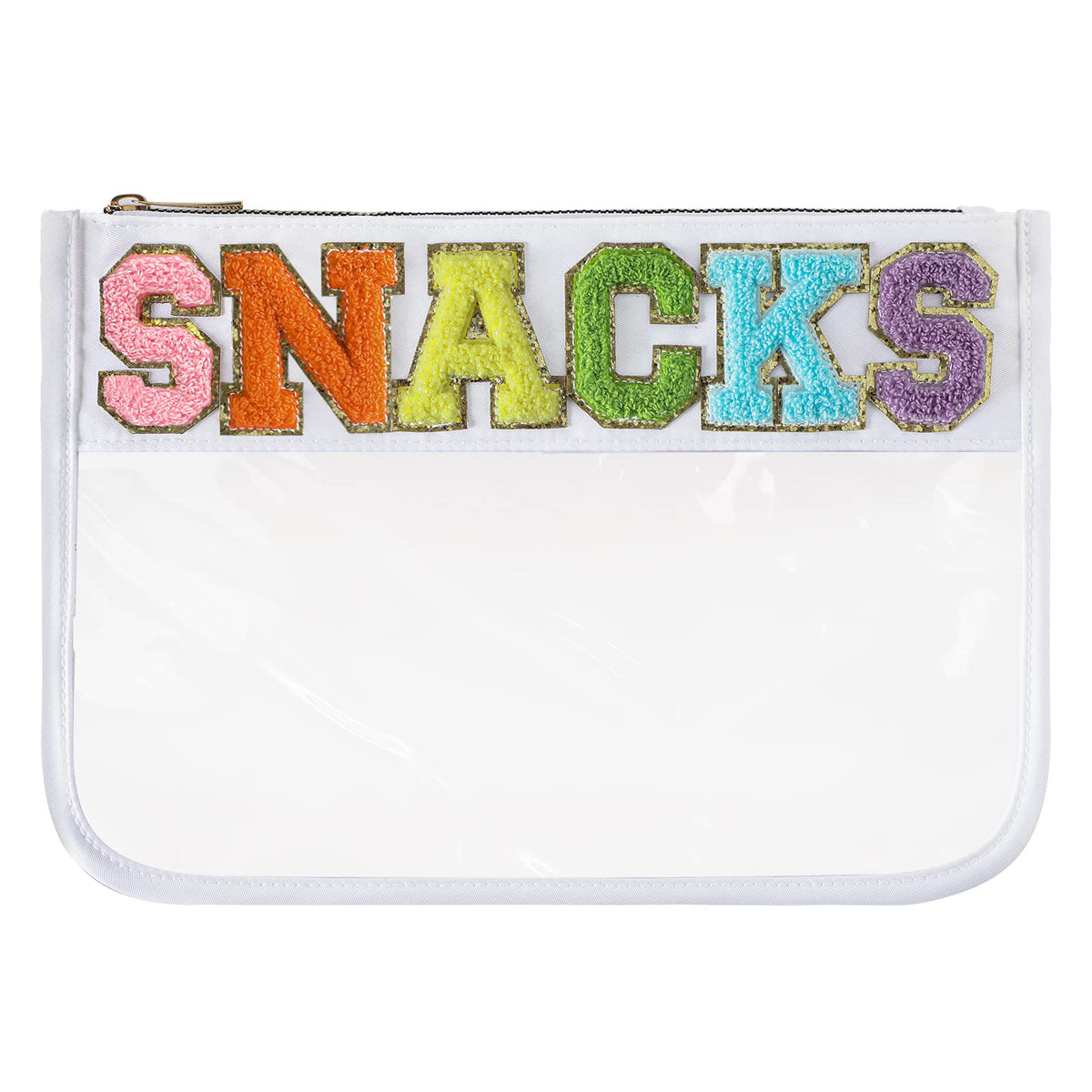 DYSHAYEN chenille letter clear pouch close-up with bright patches