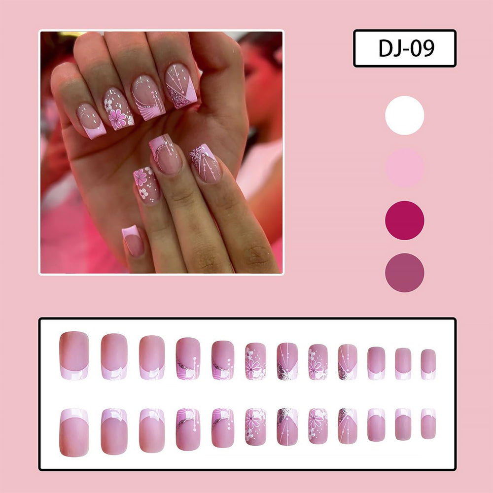 DZPGUONIZ short square nails close-up showing cherry blossom line design.