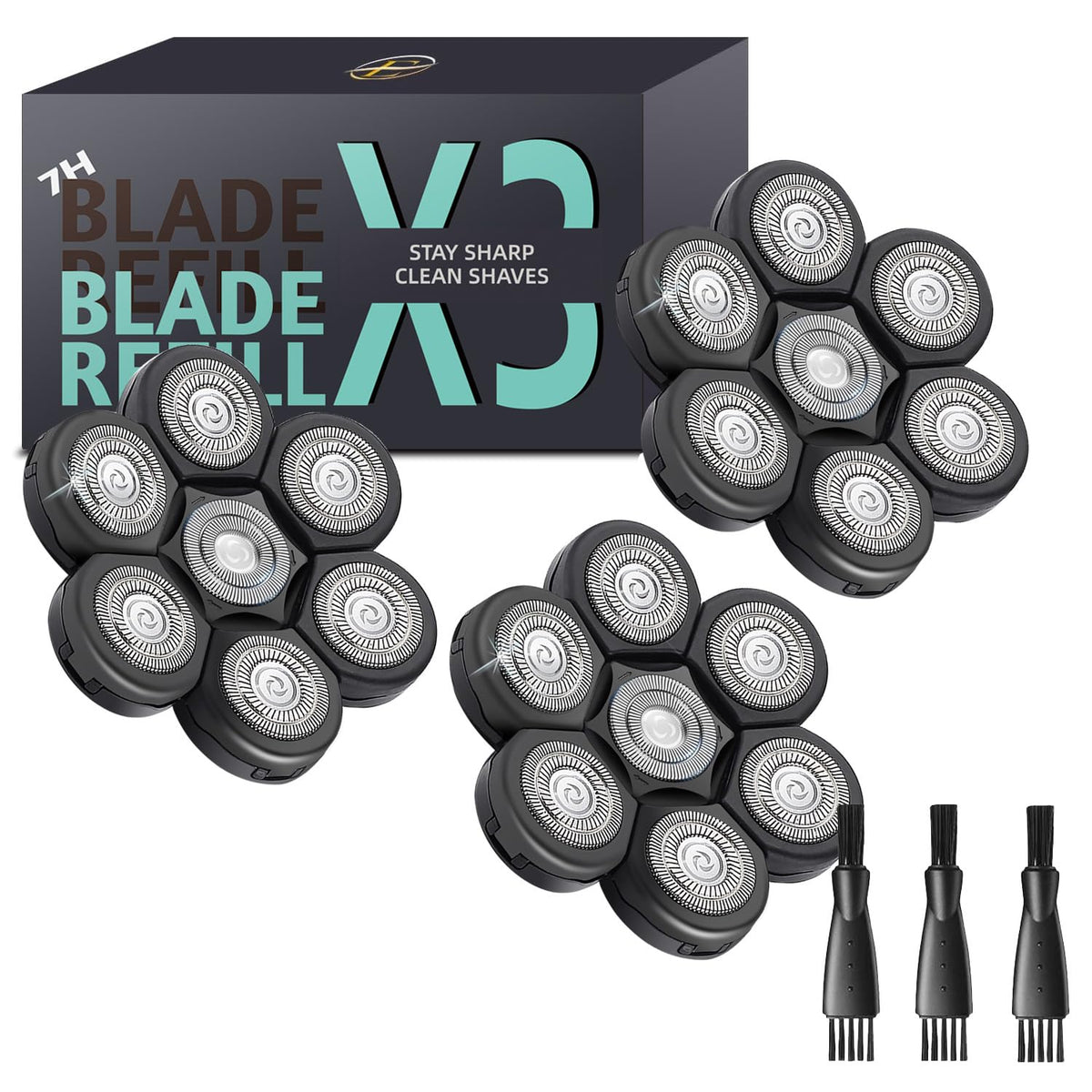 E-Hunter bald head blades 7-head replacement close-up showing sharp rotary blades.