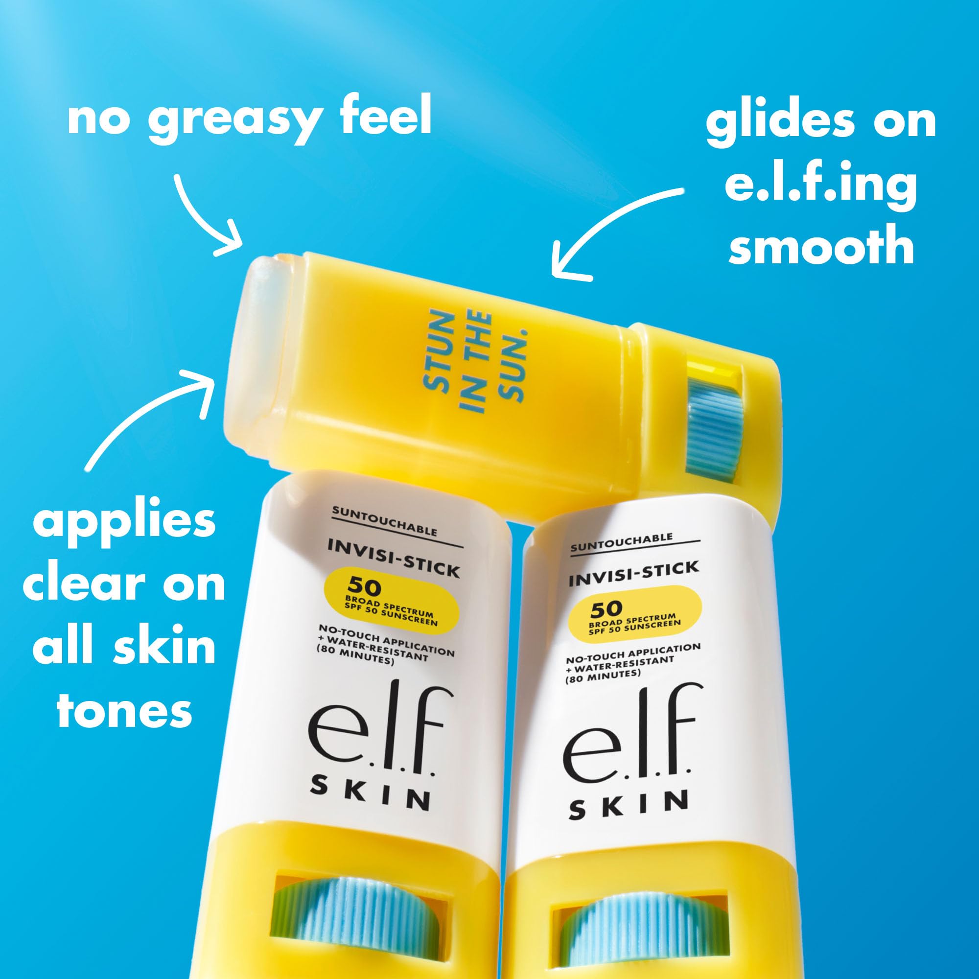e.l.f. Suntouchable Invisi-Stick SPF50, resistente al agua para uso diario.