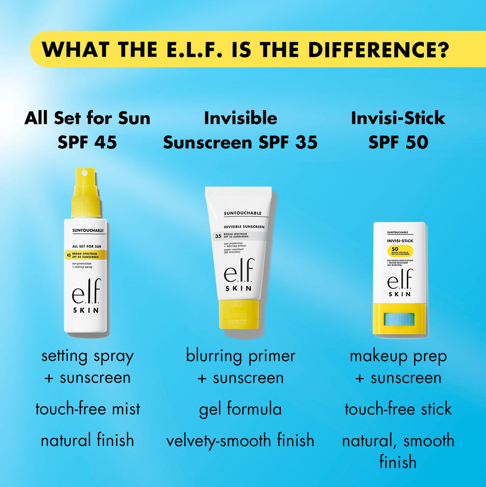 e.l.f. SKIN Suntouchable Invisi-Stick SPF50, ideal para uso diario con maquillaje.