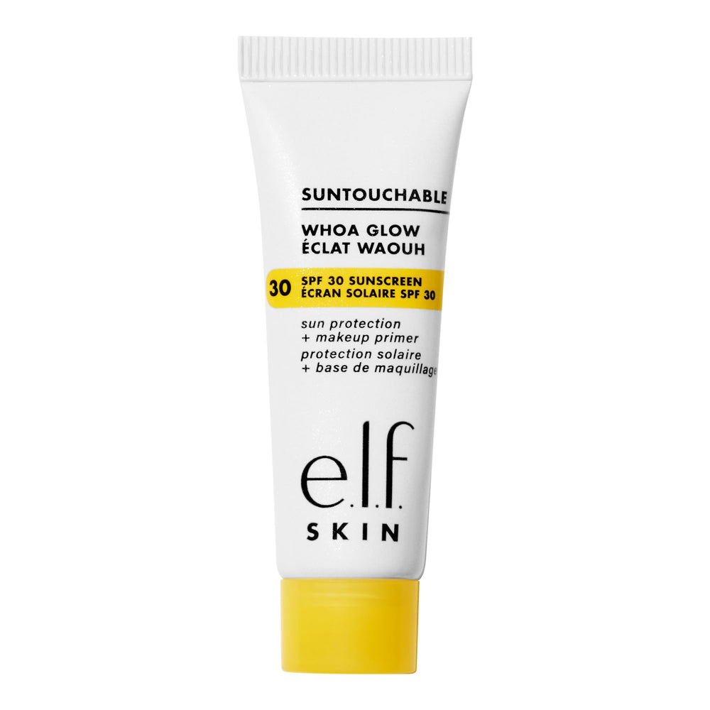 e.l.f. Suntouchable Whoa Glow SPF 30 mini, empaque compacto para viaje y protección diaria.