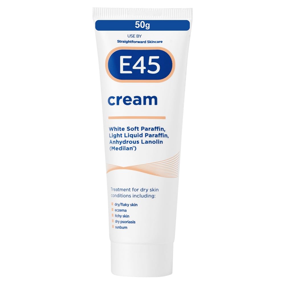 E45 Cream 50g tub for convenient daily moisturisation.