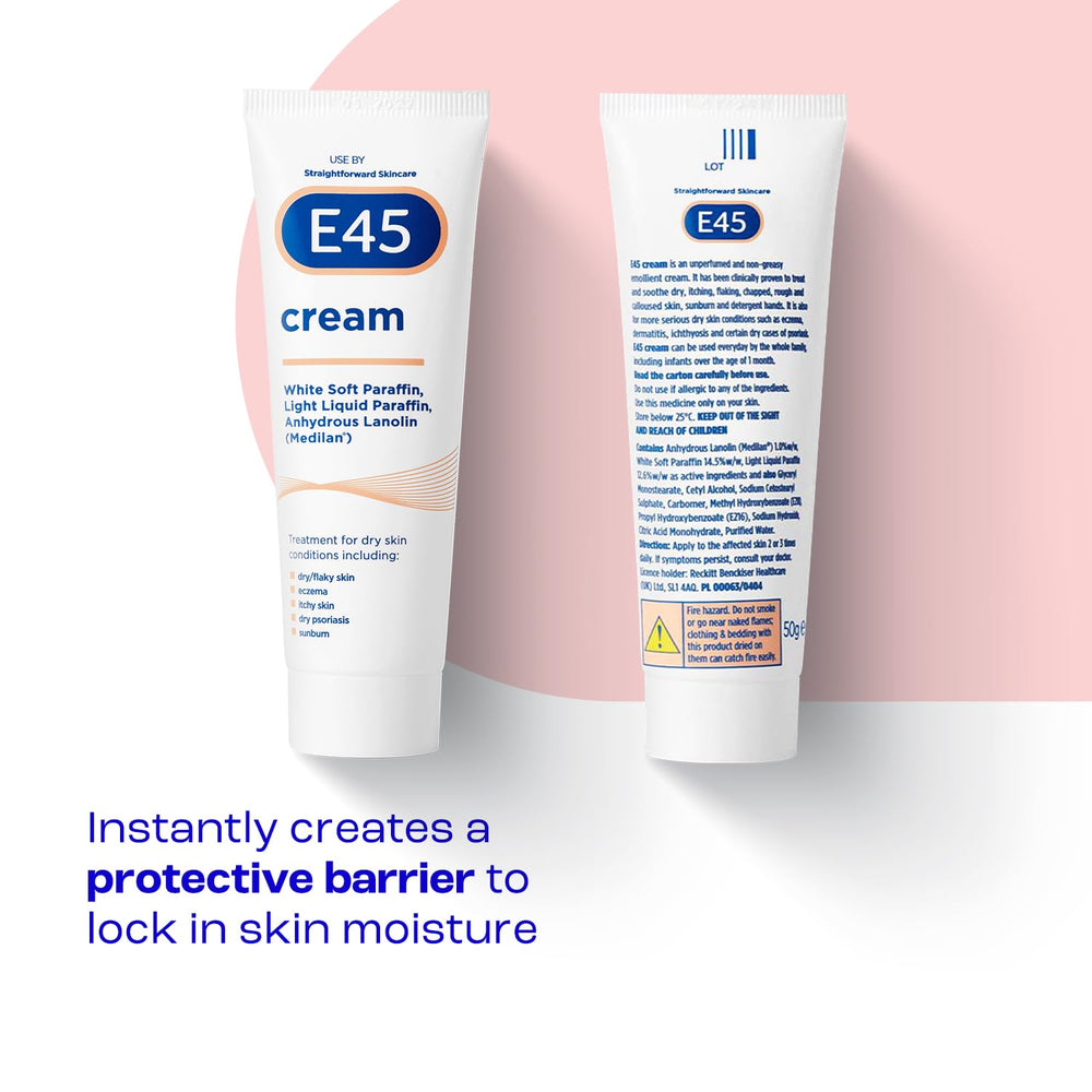 Close-up of E45 Cream texture showing non-greasy absorption.