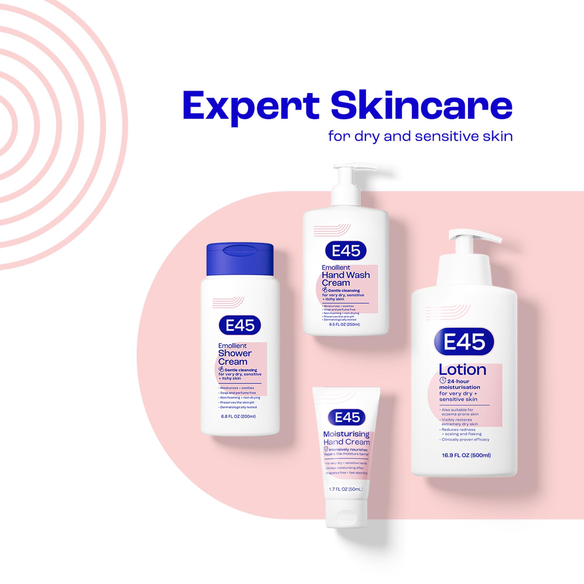 Cuidado diario de E45 para cuerpo y rostro, piel suave todo el día.