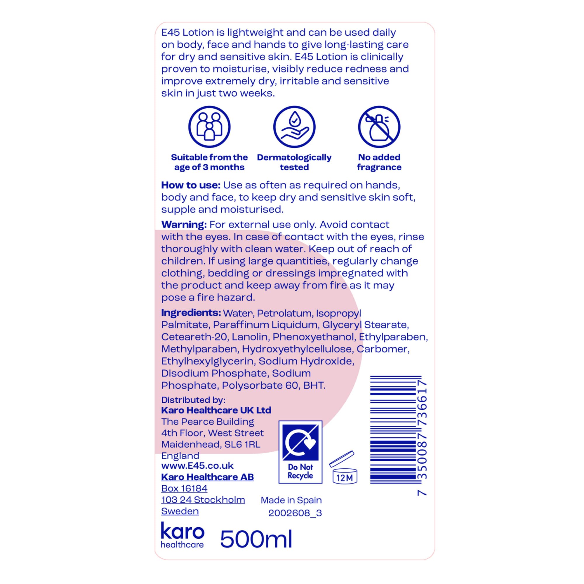 E45 dermatológicamente probado para piel sensible y uso diario.