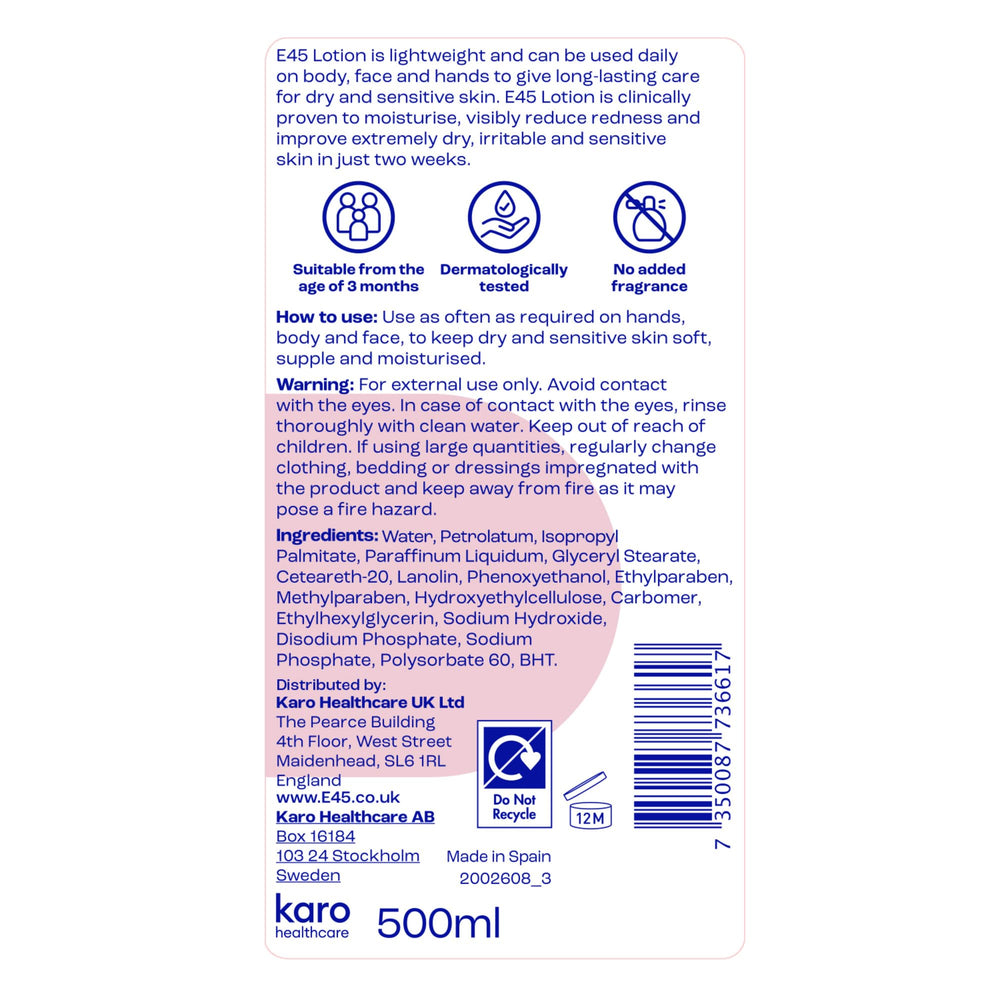E45 dermatológicamente probado para piel sensible y uso diario.