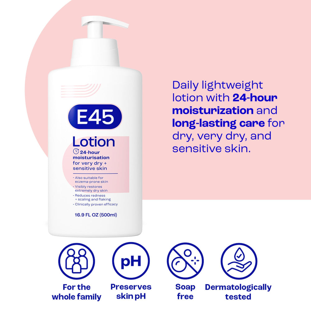 Textura ligera de E45, absorción rápida sin grasa.