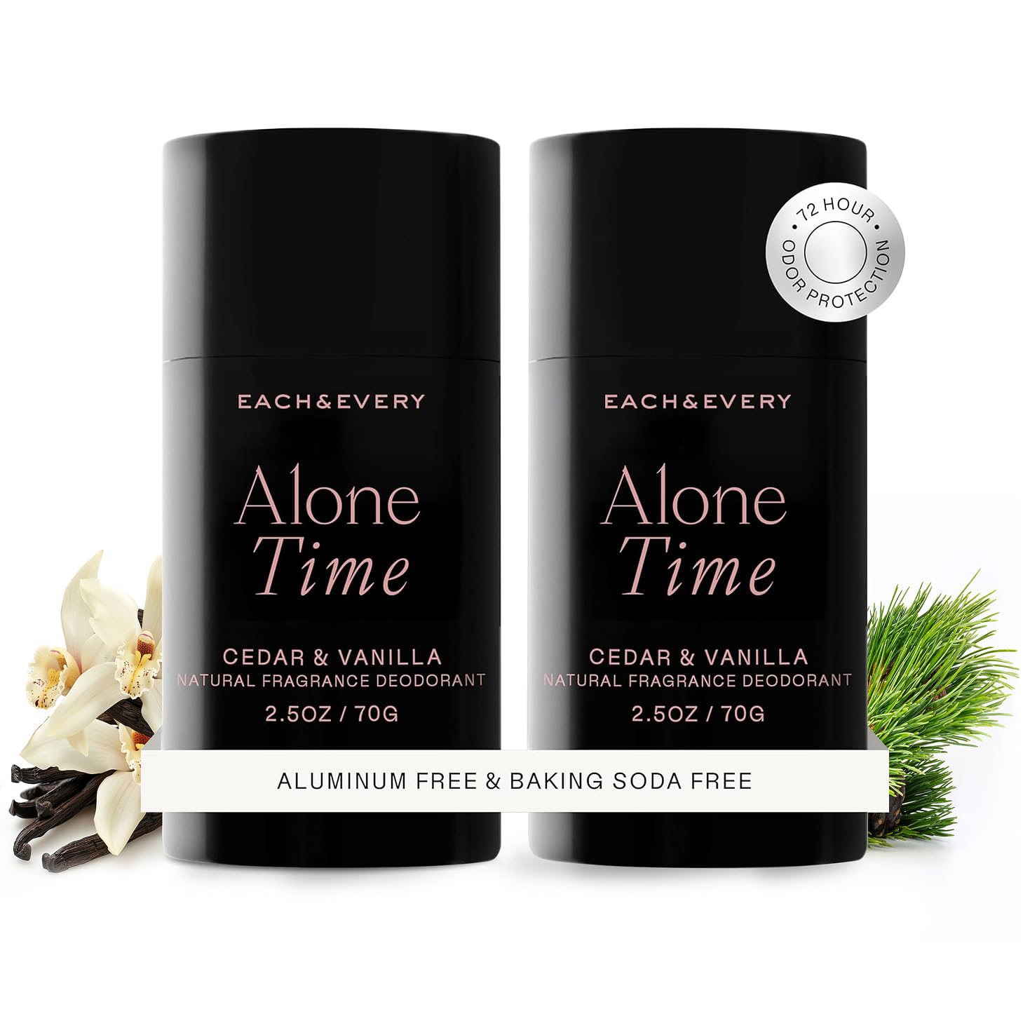 Each & Every Cedar Vanilla deodorant packaging shown, eco-friendly materials highlighted