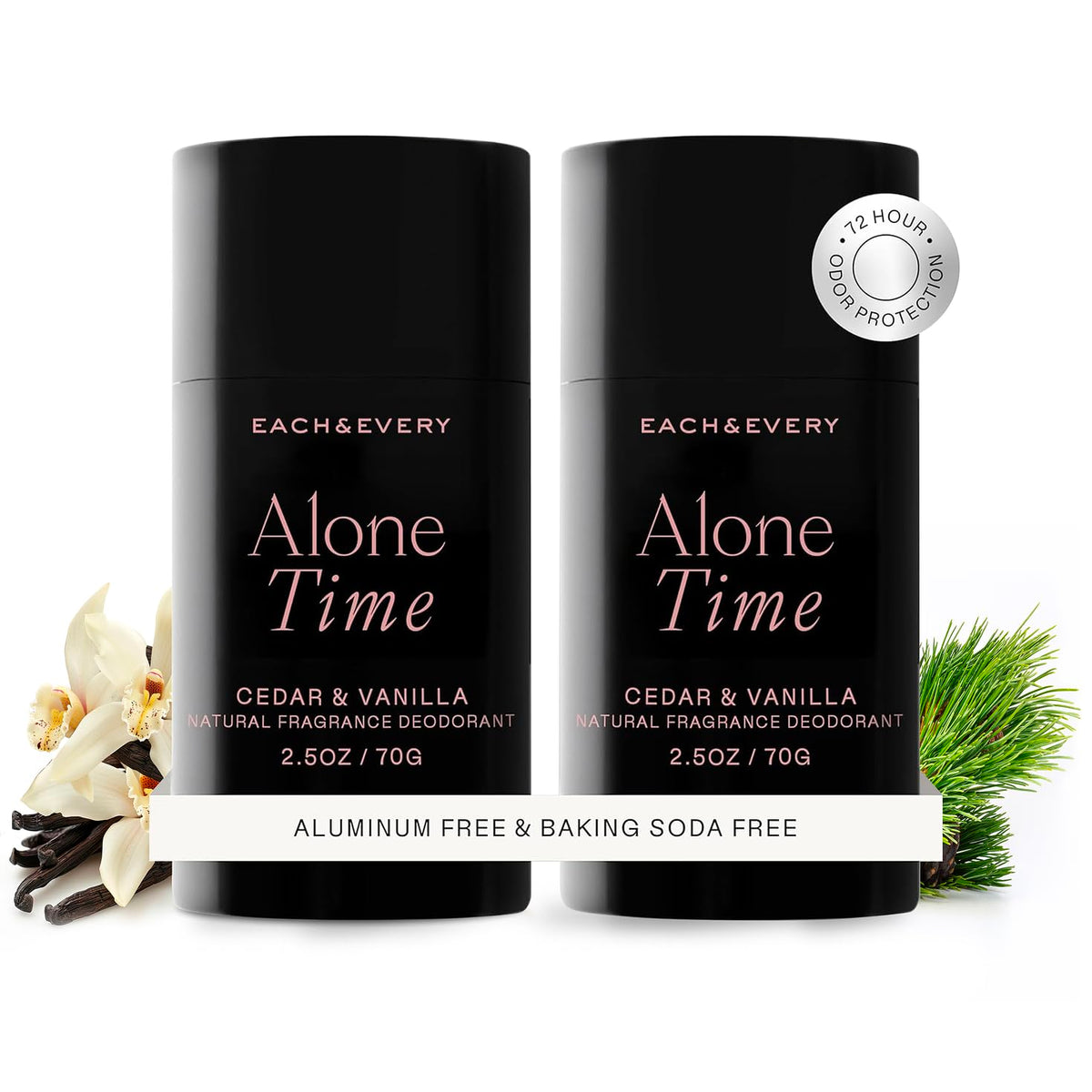 Each & Every Cedar Vanilla deodorant packaging shown, eco-friendly materials highlighted