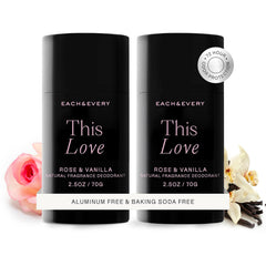 Each & Every Rose & Vanilla deodorant pack showing vegan, aluminum-free protection for sensitive skin.