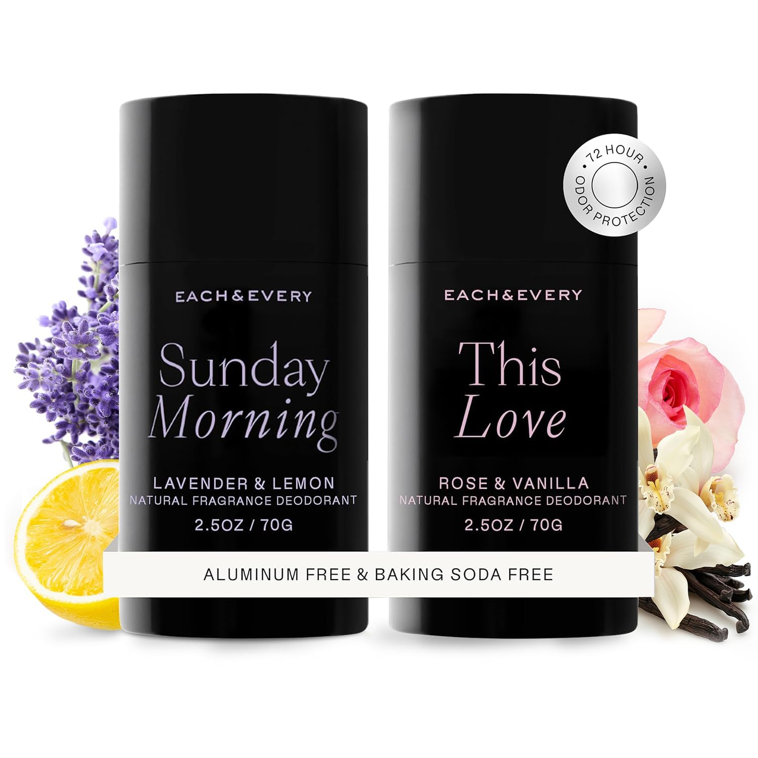 Each & Every lavender-lemon aluminum-free deodorant stick offers a smooth glide for all-day freshness.