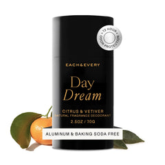 Each & Every desodorante sin aluminio, frasco 2.5 oz, protección diaria para piel sensible.