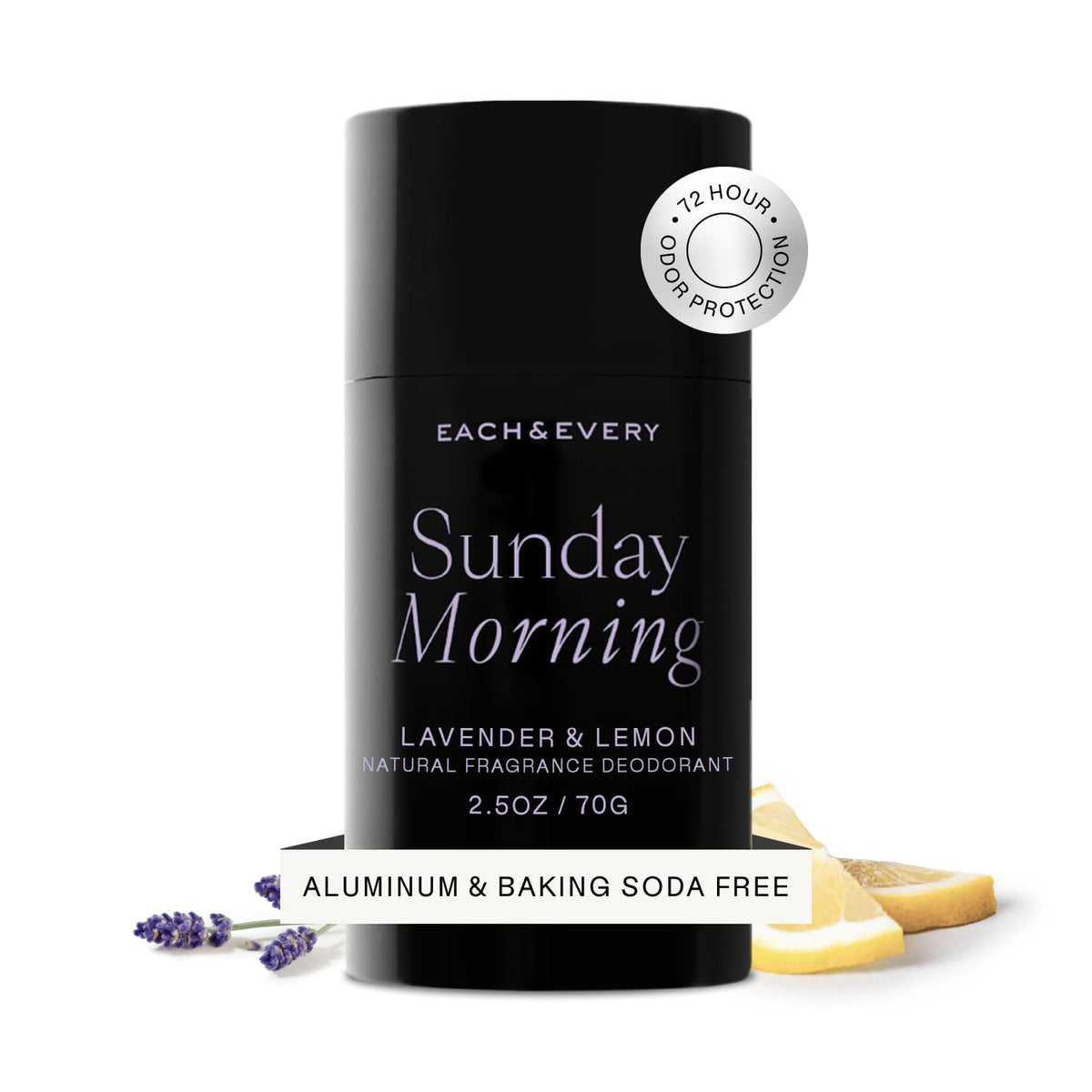 Each & Every desodorante sin aluminio en botella con lavanda y limón para frescura duradera.