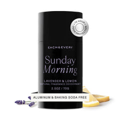 Each & Every desodorante sin aluminio en botella con lavanda y limón para frescura duradera.