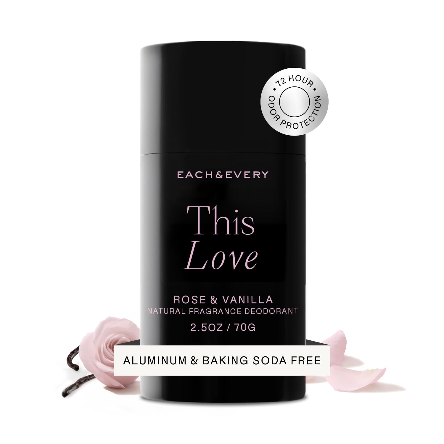 Each & Every desodorante sin aluminio Rosa y vainilla, botella 2.5oz, aroma suave para uso diario.