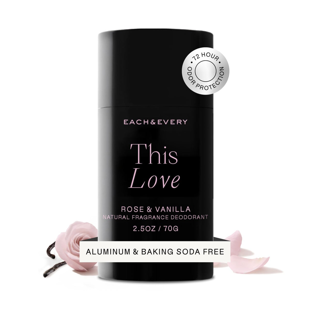 Each & Every desodorante sin aluminio Rosa y vainilla, botella 2.5oz, aroma suave para uso diario.