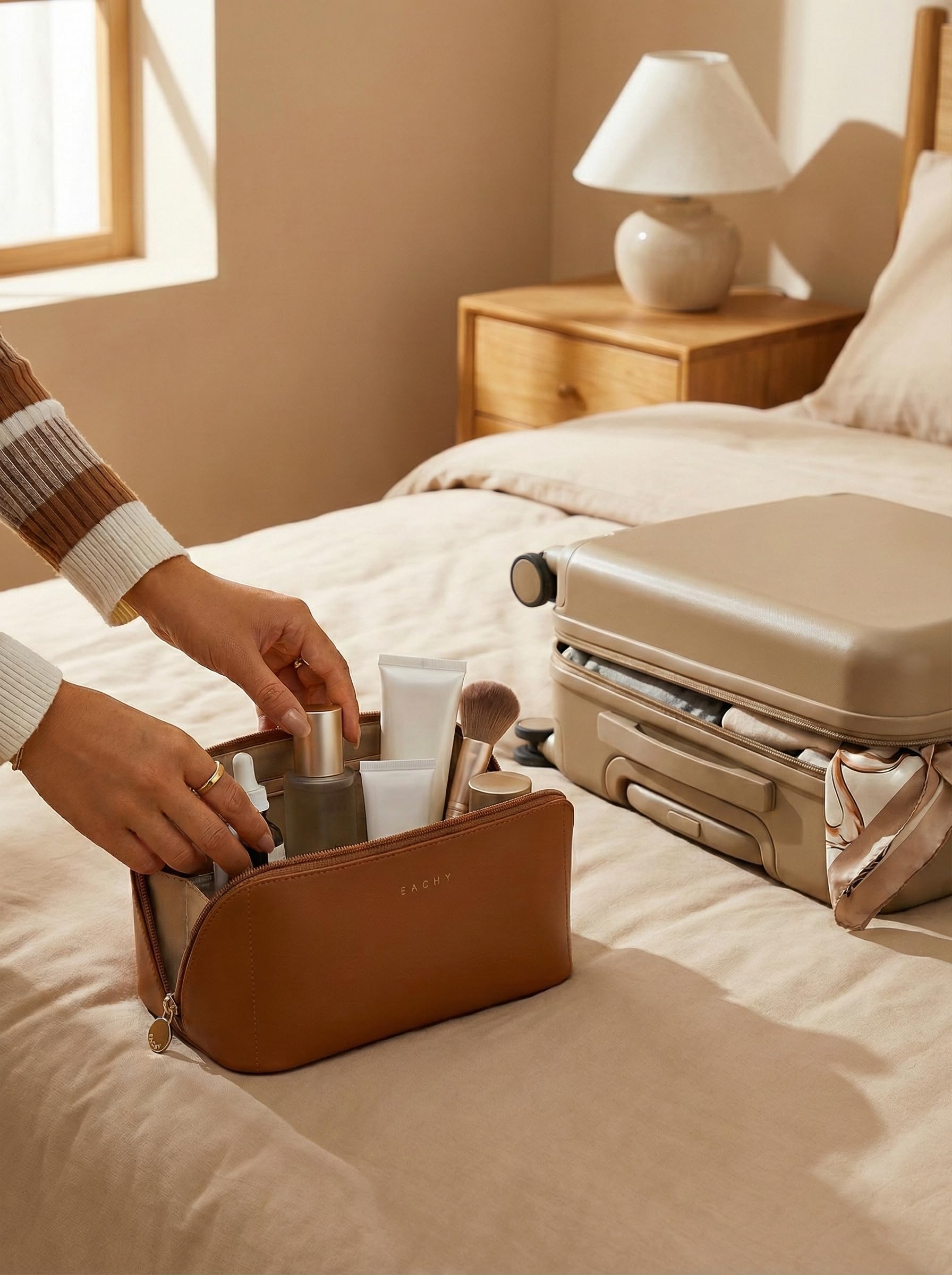 Eachy brown medium cosmetic bag blends with any luggage.
