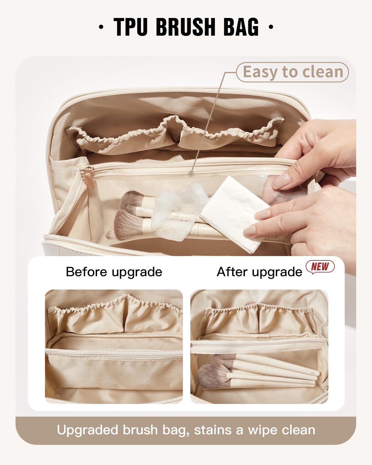 Eachy makeup bag interior pockets keep items neatly separated.