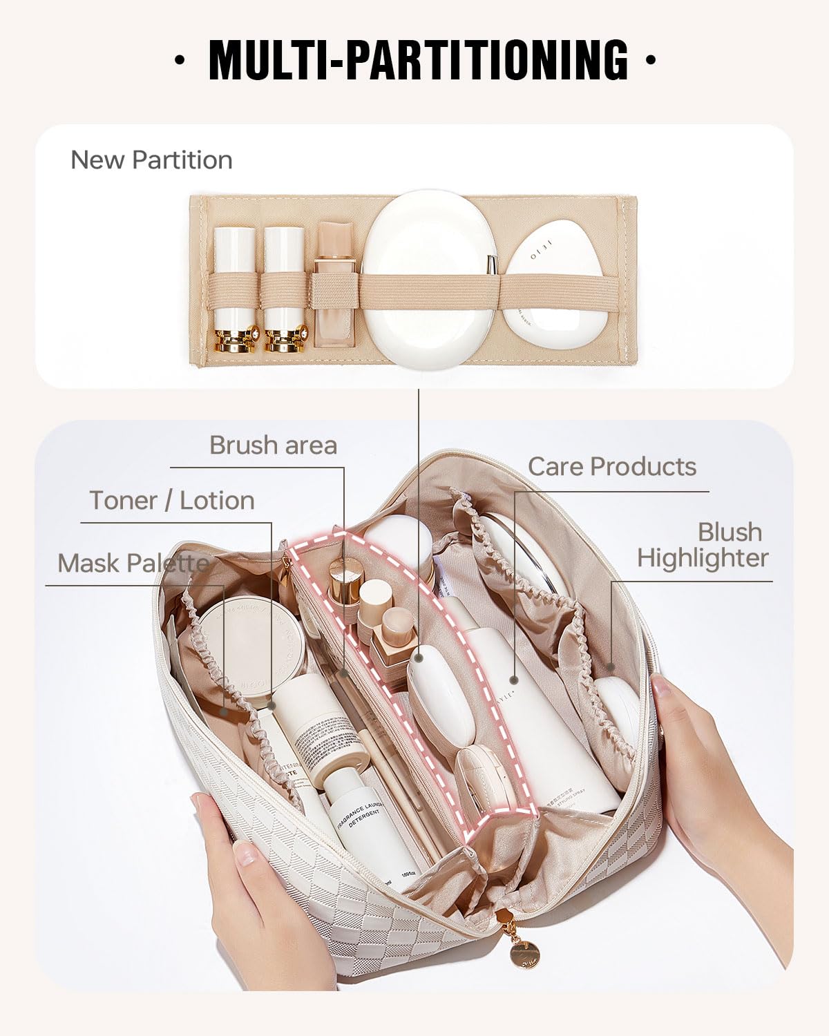 Eachy waterproof makeup bag with divider keeps toiletries organized.