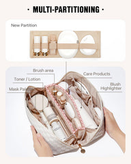 Eachy waterproof makeup bag with divider keeps toiletries organized.