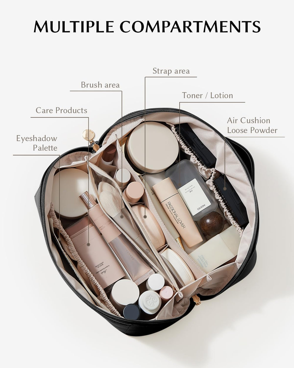 Eachy open-flat design makeup bag laid open for easy access
