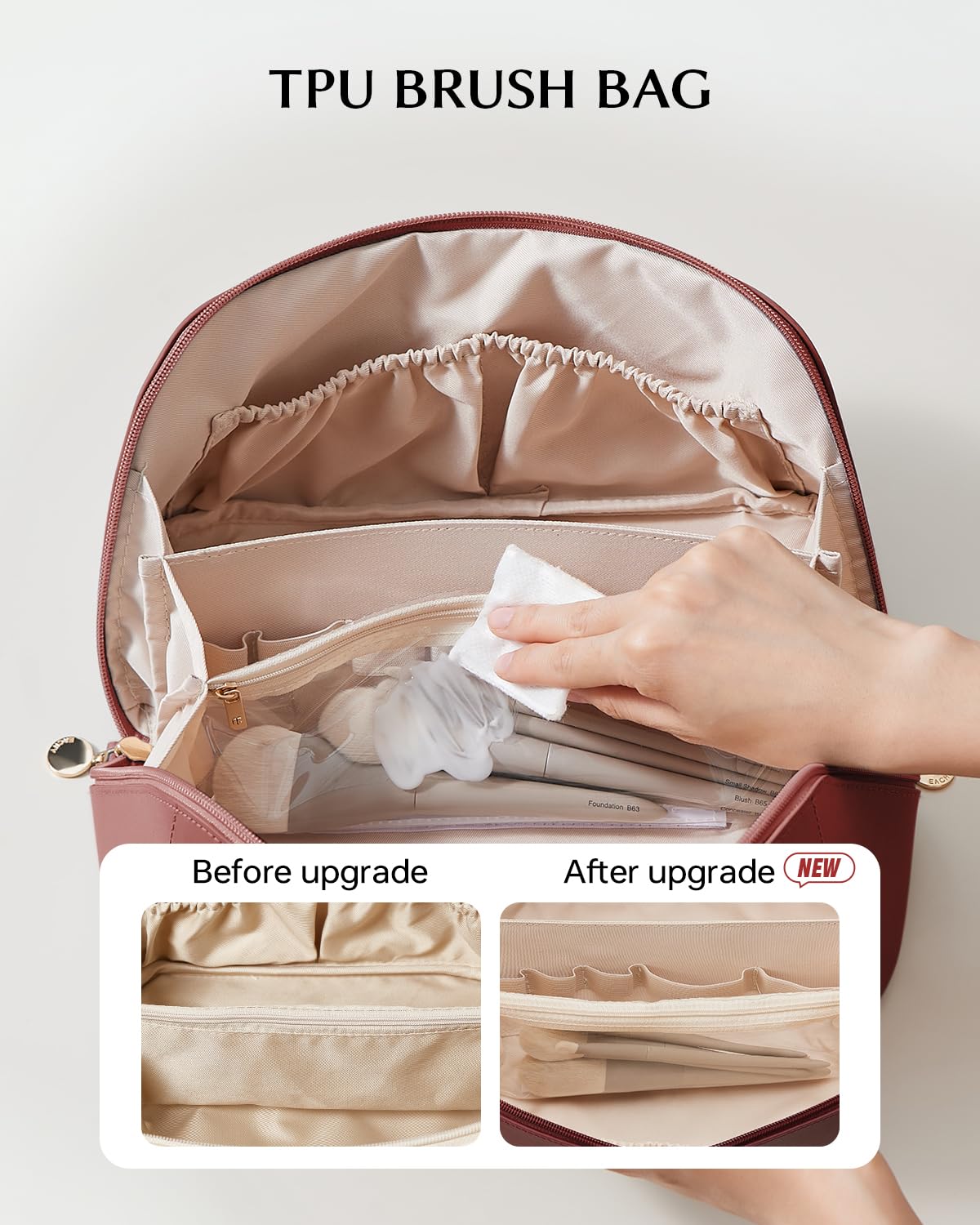 EACHY Travel Makeup Bag with waterproof TPU brush compartment protects tools.